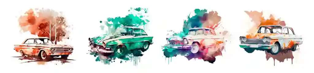 Rang-barang akvaramel mashina komplekti illustratsiyasi rang-barang yorqin suzilmalar | Colorful watercolor cars set illustration multicolored bright splashes