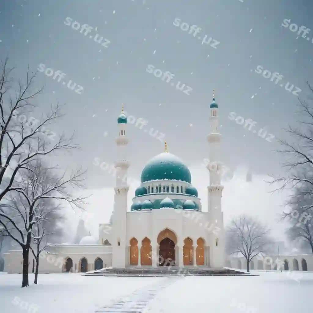 Ko'k dome bilan masjid, qor mehları tushmoqda. | Mosque with blue dome snowflakes falling down