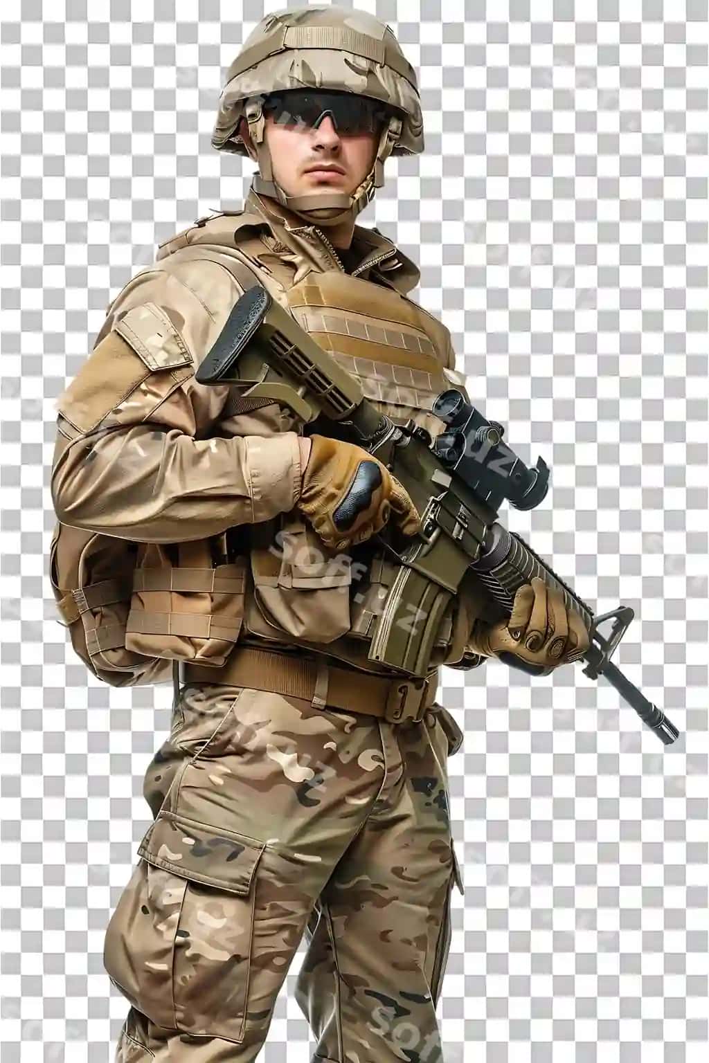 Silahli askar uyqusiz va himoya qilish uchun tayyor turgan. | Soldier armed vigilant stands ready defend protect