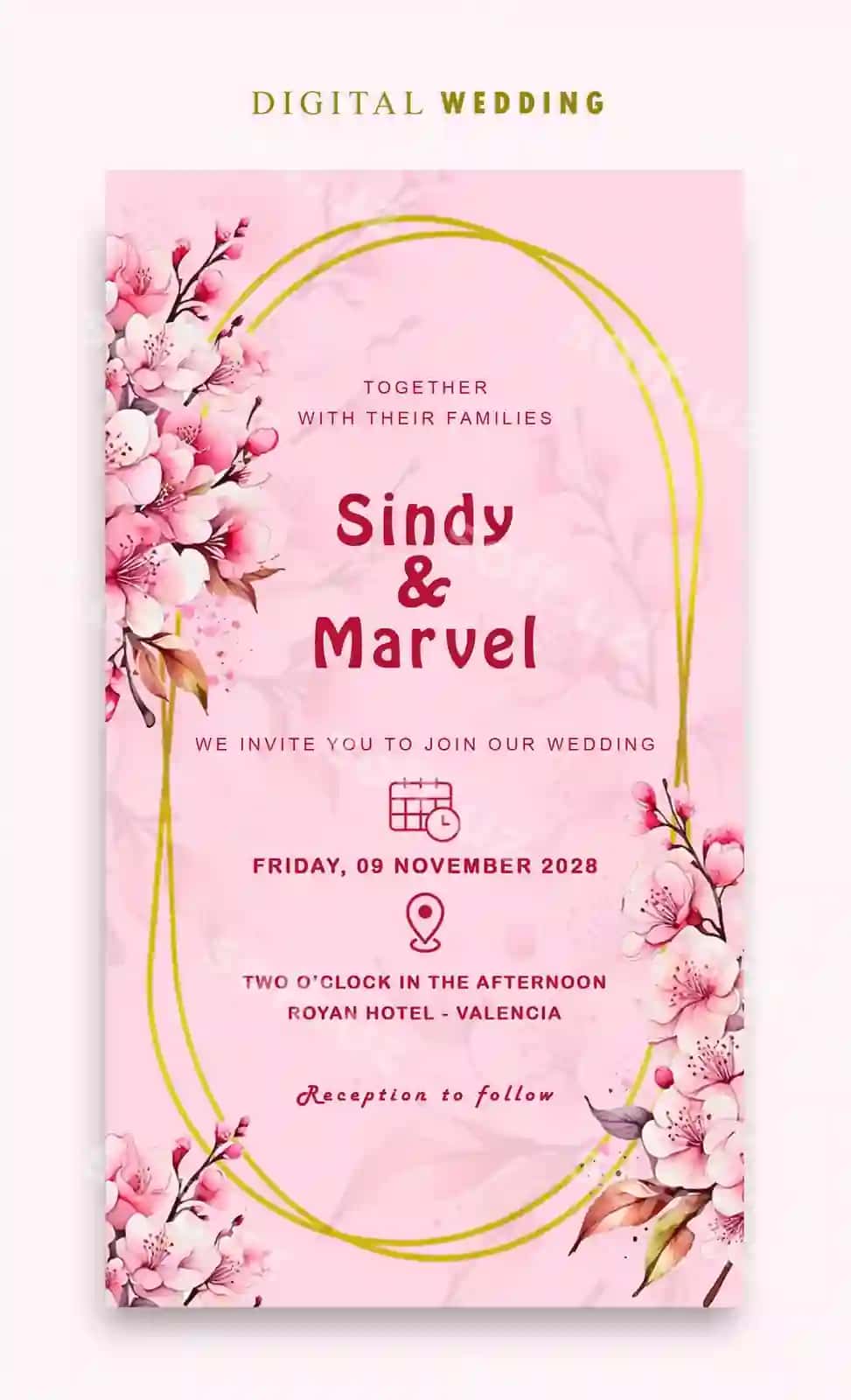 Psd elektron tur taklifi pink gul bilan | Psd electronic wedding invitation with pink flower