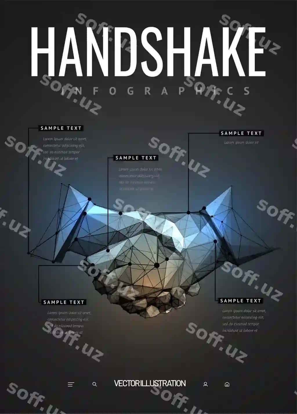 Qoshishuvchi infografikalar poligonalli wireframe uslubi | Handshake infographics polygonal wireframe style