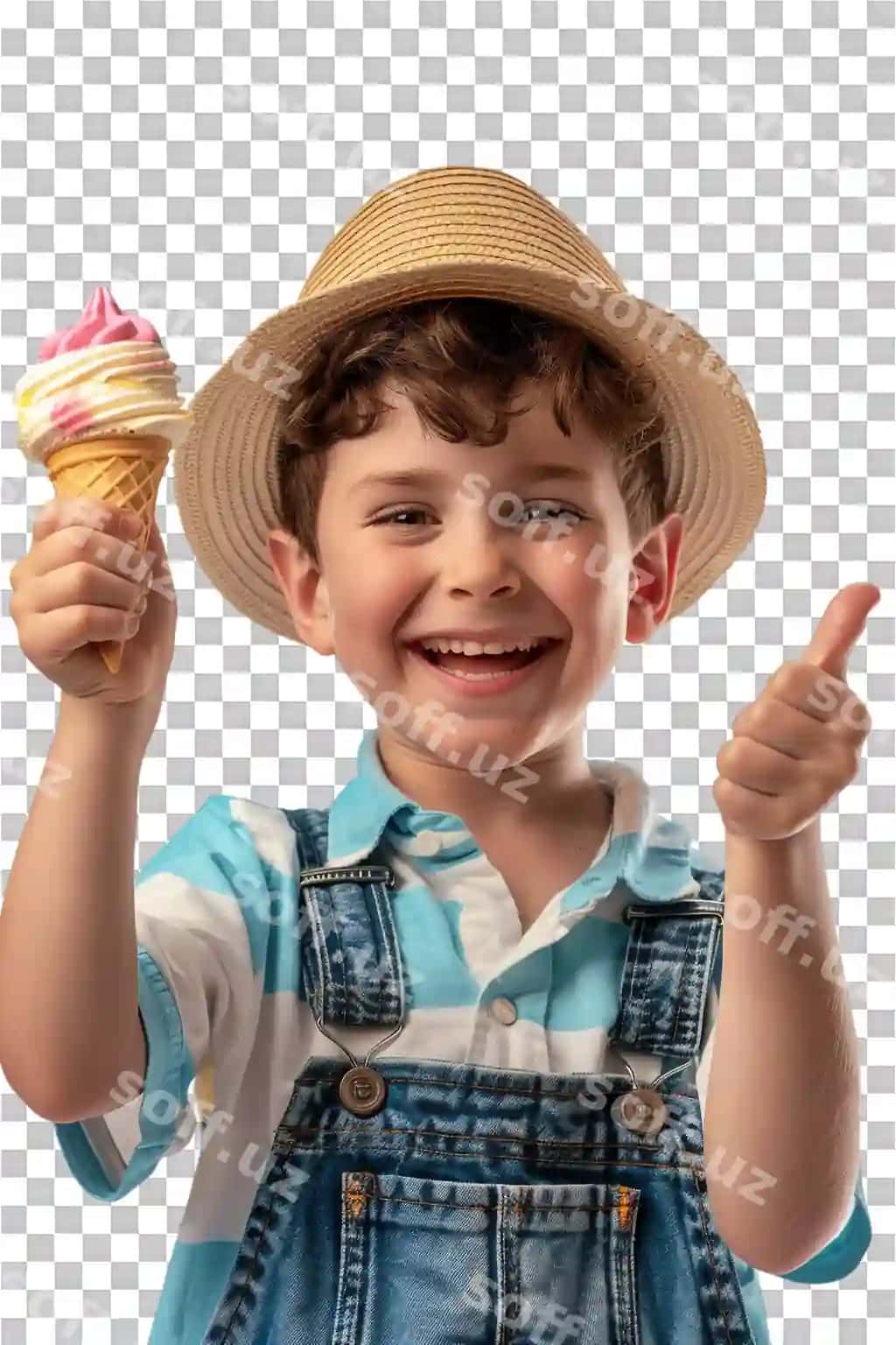 Baxtli bola muzuq bilan boshini ko‘tarayotgan yolg‘iz shaffof fonda | Happy kid with ice cream giving thumbs up alone against transparent