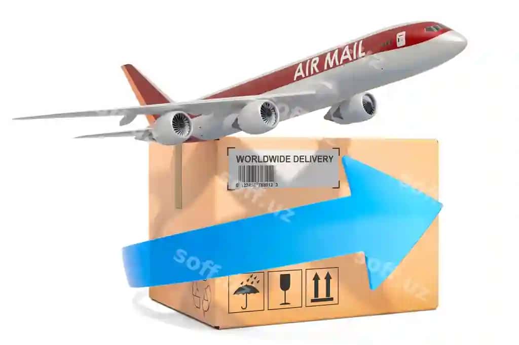 Havoli yuk konsepsiya paketlari ko'k oyovaranglikni 3D renderda | Air freight concept parcels with blue arrow 3d rendering