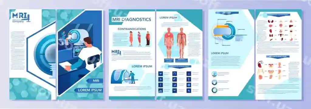 Magnetik o'zgaruvchan vizualizatsiya reklama broshyur tibbiy tadqiqot diagnostika | Magnetic resonance imaging advert brochure medical research diagnosis
