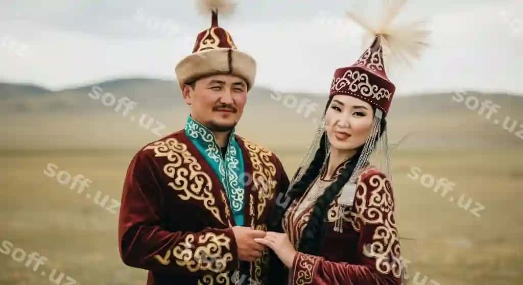Anʼban qozogʻ kiyimi Oroltang erkak va ayollari tomonidan kiyilgan manzarali hovli | Traditional kazakh attire worn by asian male female scenic landscape