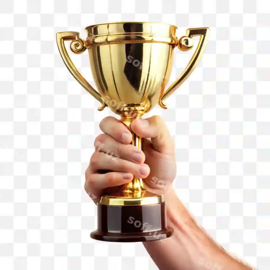 Qo'l o'ttiz tropeyani tutgan, shaffof fonda ajraltirilgan | Hand holding gold trophy isolated transparent background