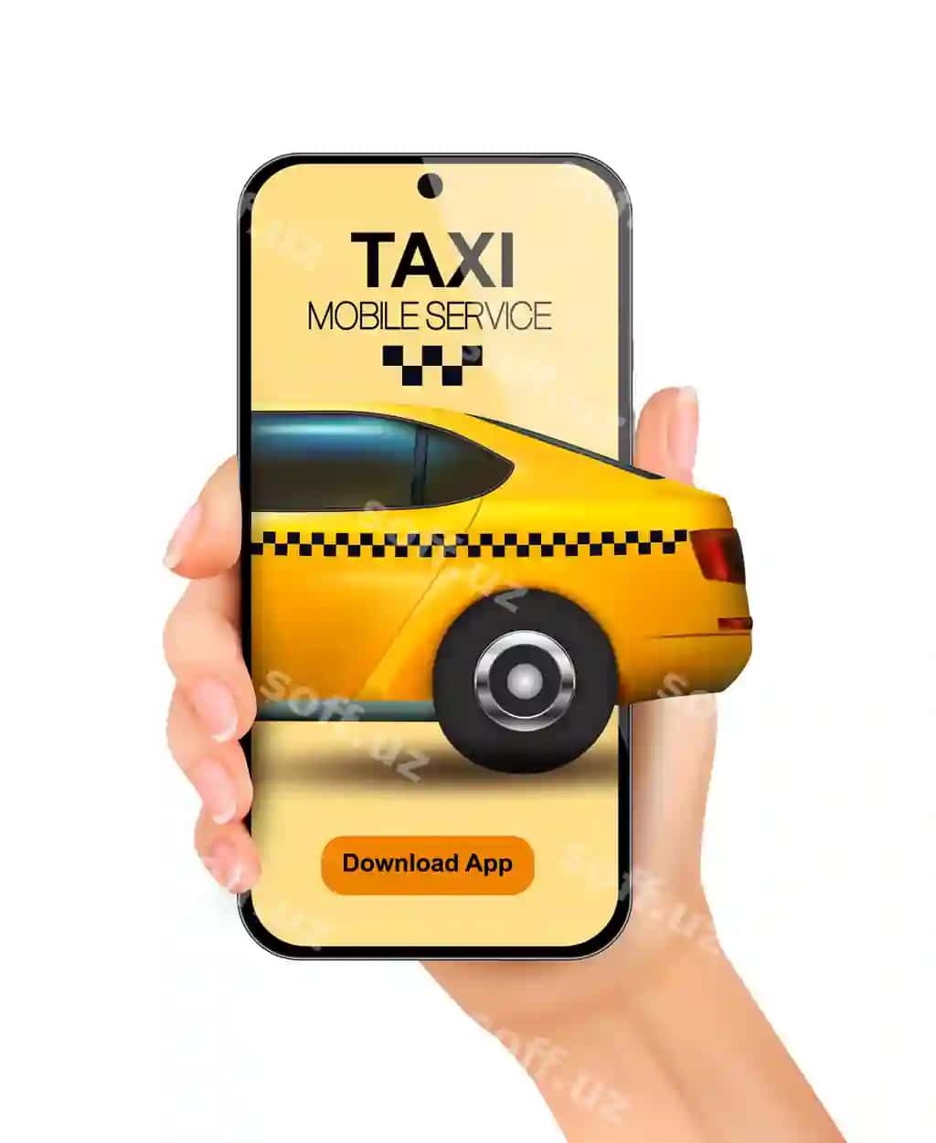 Taksi xizmati kontseptsiyasi qolay akilliq telefon tutgan taksi mashina ekrani bilan | Taxi service concept hand holding smartphone with taxi car screen