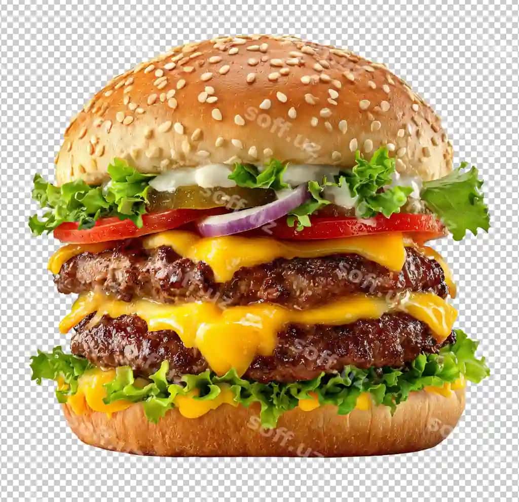 Mazali ikkalashtirilgan cheezburger barcha qo'shimcha tarkiqlar bilan png | Delicious double cheeseburger with all fixings png