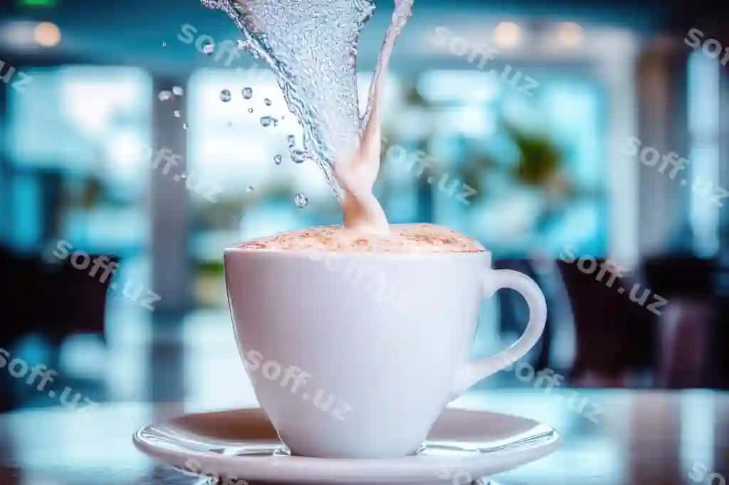 Yaqin suratda sut kappuchino ichiga chayg'alayotgan zamonaviy kafe muhiti | Closeup milk splashing into cappuccino modern cafe setting