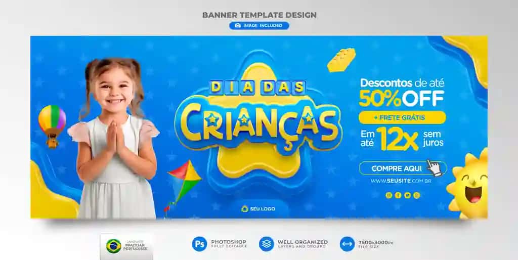 Bolalar kuni uchun banner shabloni, braziliyalik portugalcha marketing takliflari | Children s day offers banner template brazilian portuguese marketing