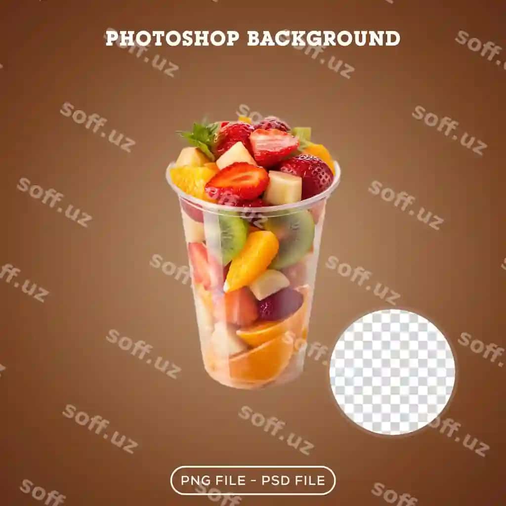 Taze aralash meva salati jigarrang orqa fonli stakanchik | Fresh mixed fruit salad cup brown background