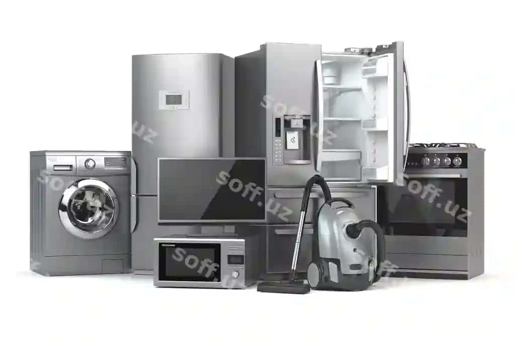 Uy jihozlari to'plami oq fonda alohida xolodilnik, gaz pechi, mikroto'lqiq, kir yuvish mashinasi, pылесos 3d | Home appliances set household kitchen technics isolated white background fridge gas cooker microwave oven washing machine vacuum cleaner 3d