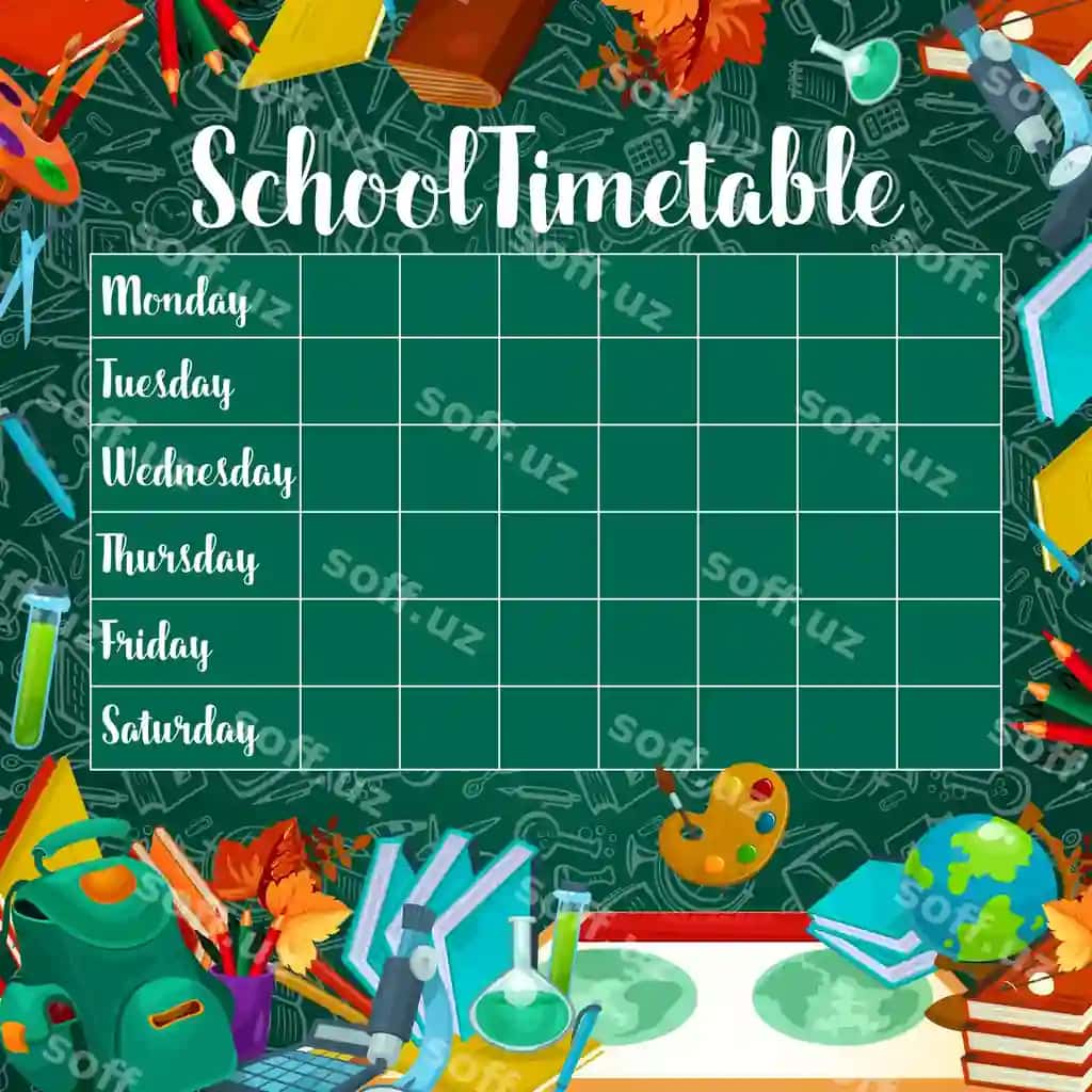 Maktab vektor jadvali yashil chalka doskasi | School vector timetable green chalkboard