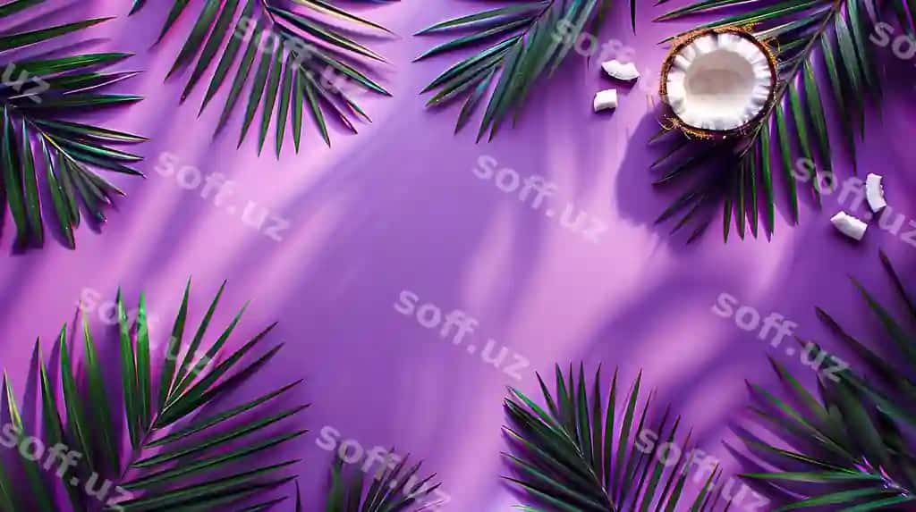 Binofat tropik fonda pal'ma barglari, yangi kokos soylari, mukammal binafsha yuz. | Vibrant tropical background with palm leaves fresh coconut shadows purple surface perfect