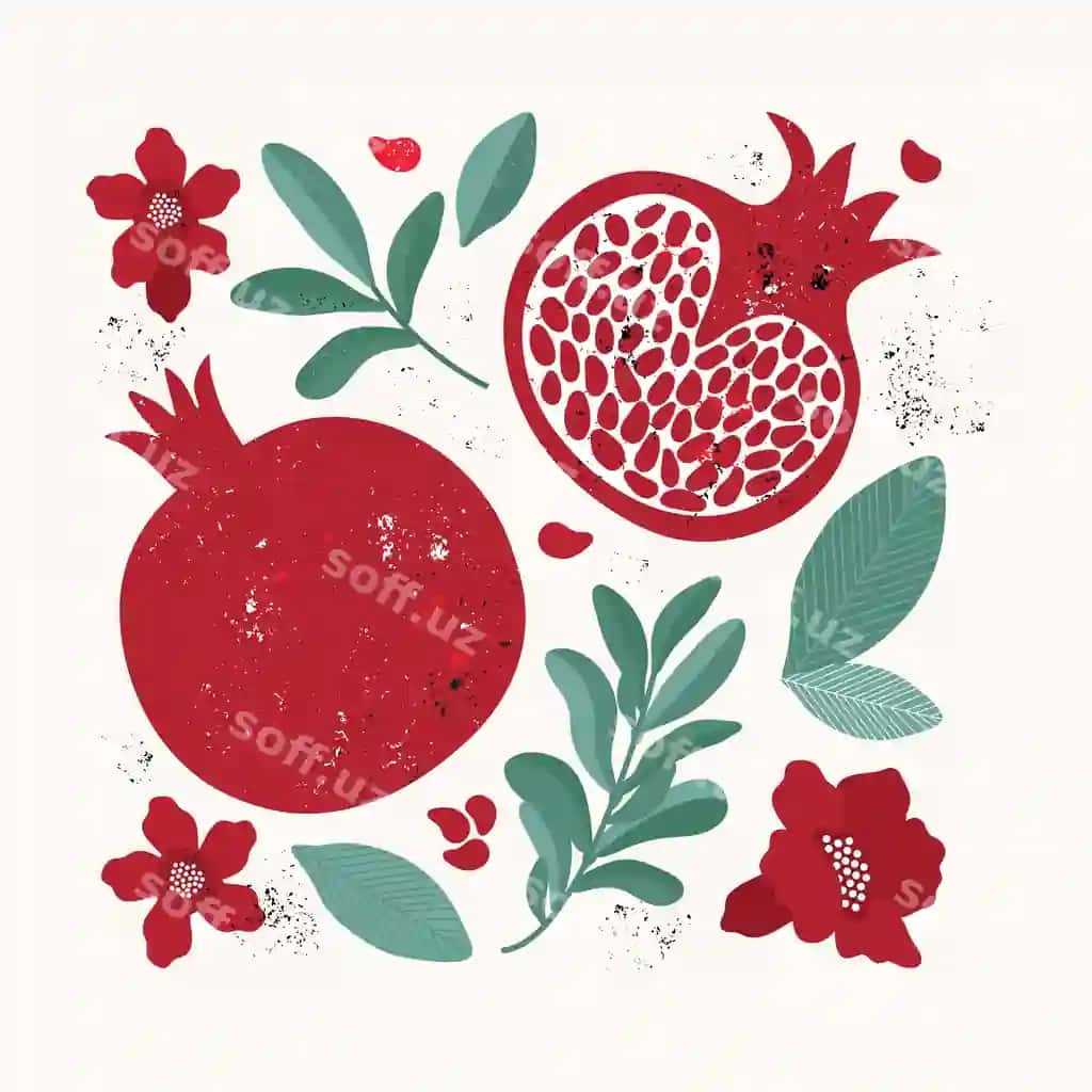 Komplekt vintaj uslubi qizil anor varaqi gullari meva daraqi | Set vintage style red pomegranate leaves flowers fruit branch