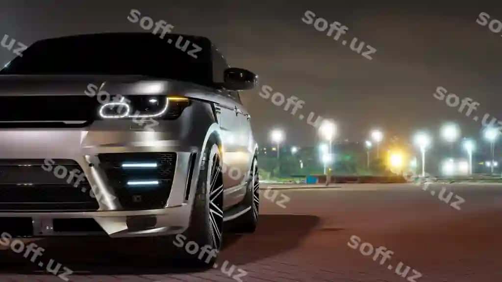Kulrang hasharot SUV mashina ko'k ko'l kecha oldingi ko'rinish | Grey luxury suv car blue lagoon night front view