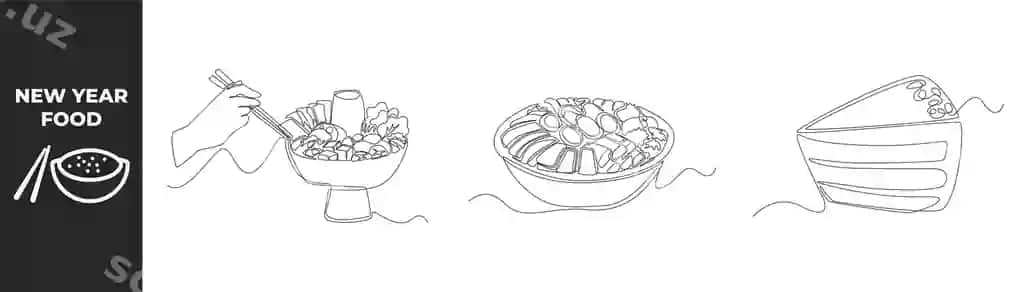 Yil yangi ovqatlarining bitta chizilgan qozona tasviri konsepsiyasi qo'l tayyorgarlikda baholash | Single one line drawing new year food set concept hand ready enjoy