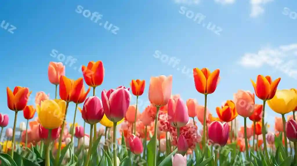 Maydon rangli lola ko'k osmon orqa fonda | Field colorful tulips with blue sky background