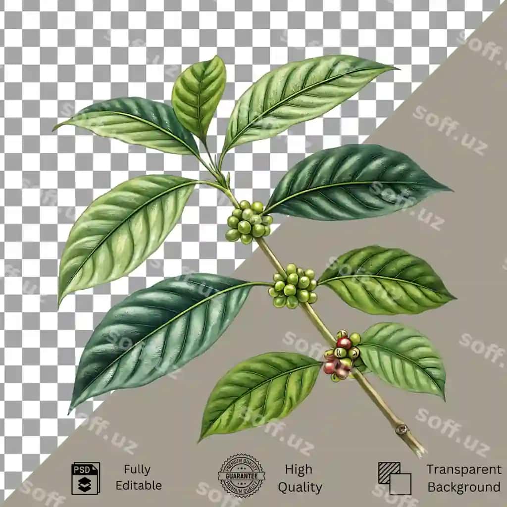 Qahva daraxti haqiqiy barglar bilan jihozlangan yuqori sifatli tahrirlanga psd | Coffee plant featuring realistic leaves high quality editable psd