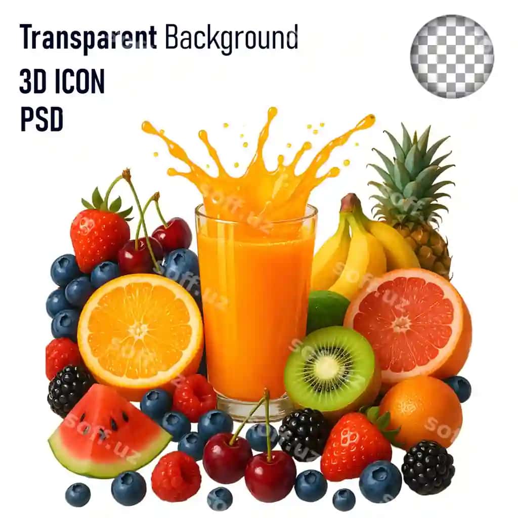 Yangi meva suvi splsh haqiqiy 3D mevalar bilan | Fresh fruit juice splash with realistic 3d fruits