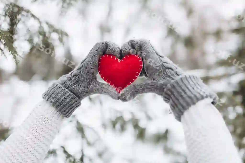 Ayol qo'llari mitenlar kiyib qizil dekorativ yurakni tutgan Valentine kuni | Female hands mittens holding red decorative heart valentine day