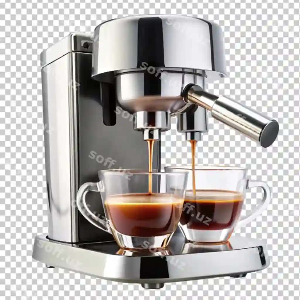 Zamonaviy hashamatli qahve qozoni shaffof orqa fonda espresso kirgizadi | Modern luxury coffee maker pours espresso transparent background