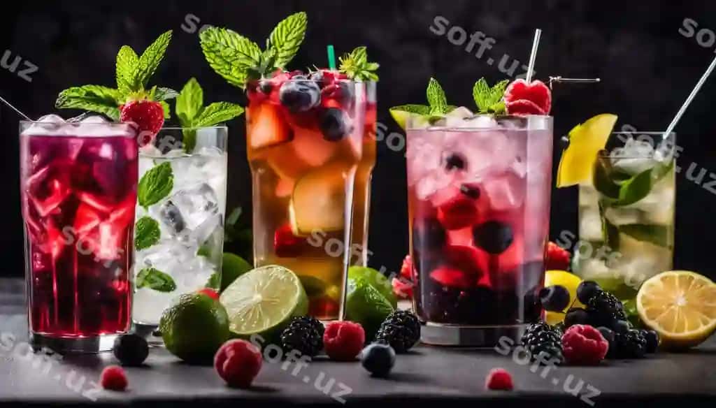 To'rt turli xil ichimliklar meva dekoratsiyalari bilan | Four different types drinks with fruit garnish