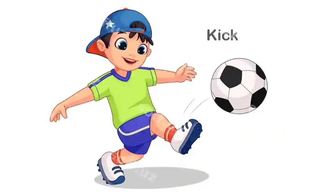 Chiroyli o'g'iling futbolni tirganda illustratsiyasi | Cute boy kicking soccer ball illustration