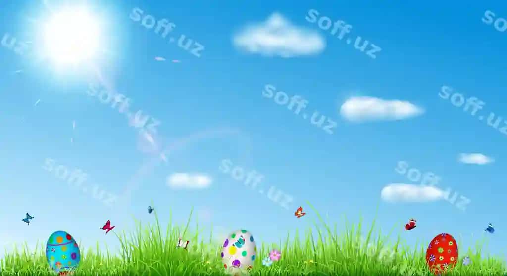 Paskha foni osmon, quyosh, chaman, Paskha yumshoqlari, kotibchalar, gullar bilan | Easter background with sky sun grass easter eggs butterflies flowers