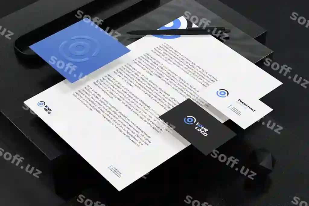 Bisnes karta pochta qadoiyi hujjati brendirovka qog'oz varaqi namunasi | Business card with letterhead document branding stationery mockup