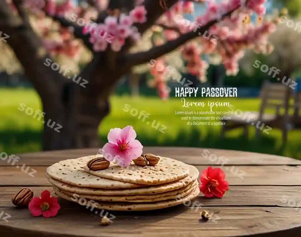 Paskha bayrami matso bilan yong'oq eski stolda bahor gullari | Passover celebration with matzah wooden vintage table spring blossom