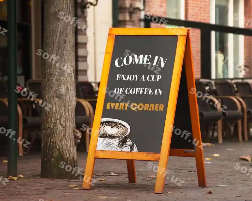 Belgi: Keling, har bir burchakda kofe iching. | Sign that says come enjoy cup coffee every corner