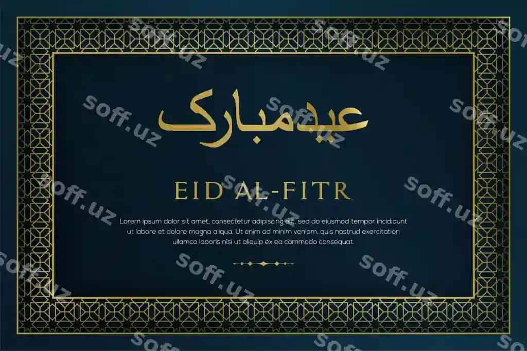 Ramazon Bayrami muborak baner asrangan chiroqlar ko'k rangli islomiy naqsh | Eid al fitr mubarak banner with hanging lantterns blue islamic pattern