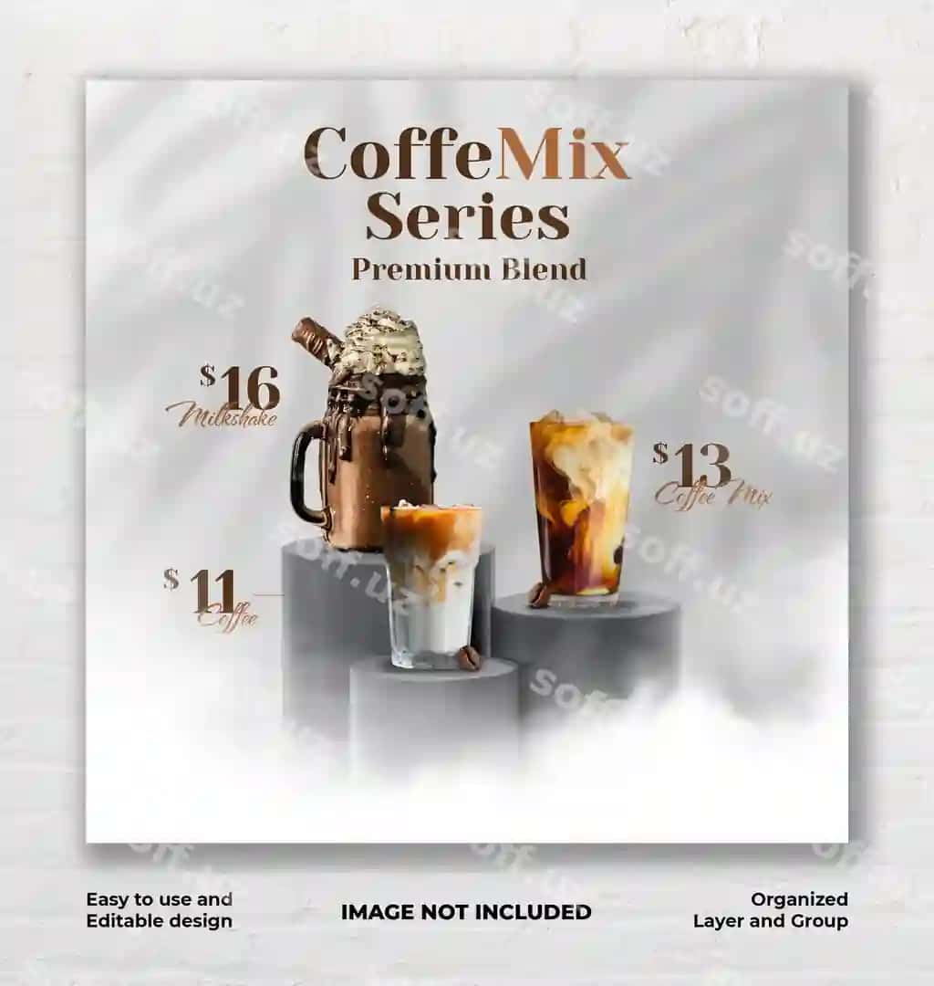 Kofe do'kon ichimlik menyu reklamasi sotsial media Instagram posti banner | Coffee shop drink menu promotion social media instagram post banner