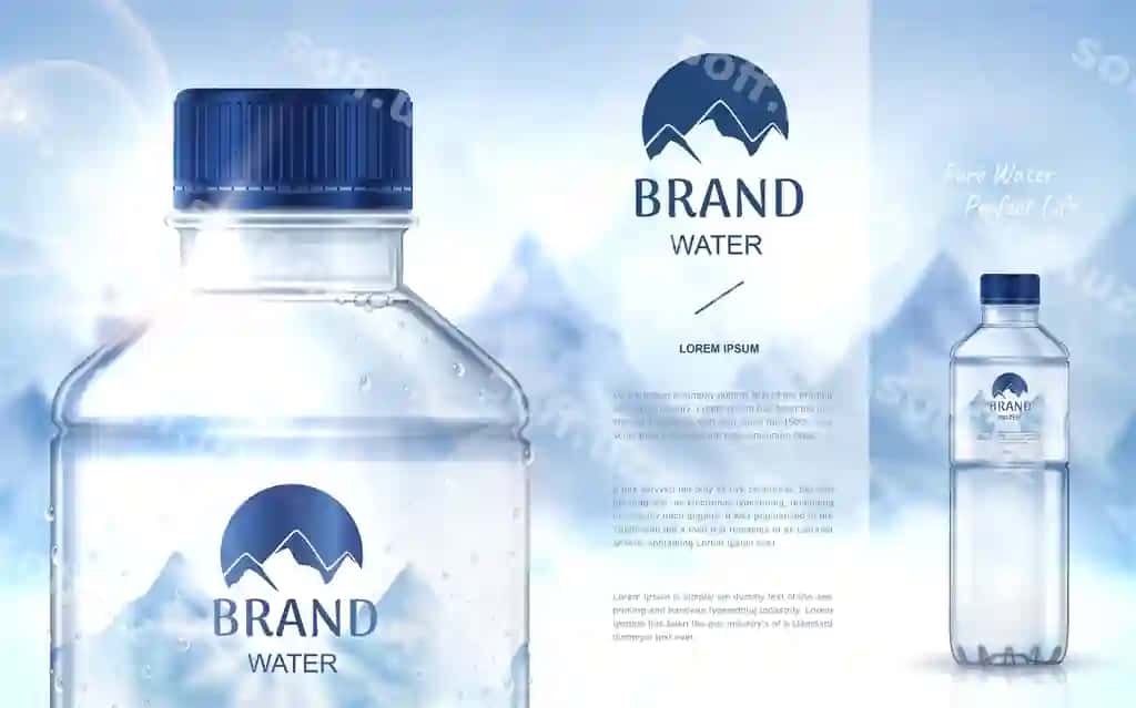 Toza mineral suv reklamasi shisha yaqin rasm bilan chap tomonda kichik shisha | Pure mineral water ad with bottle close up left side smaller bottle