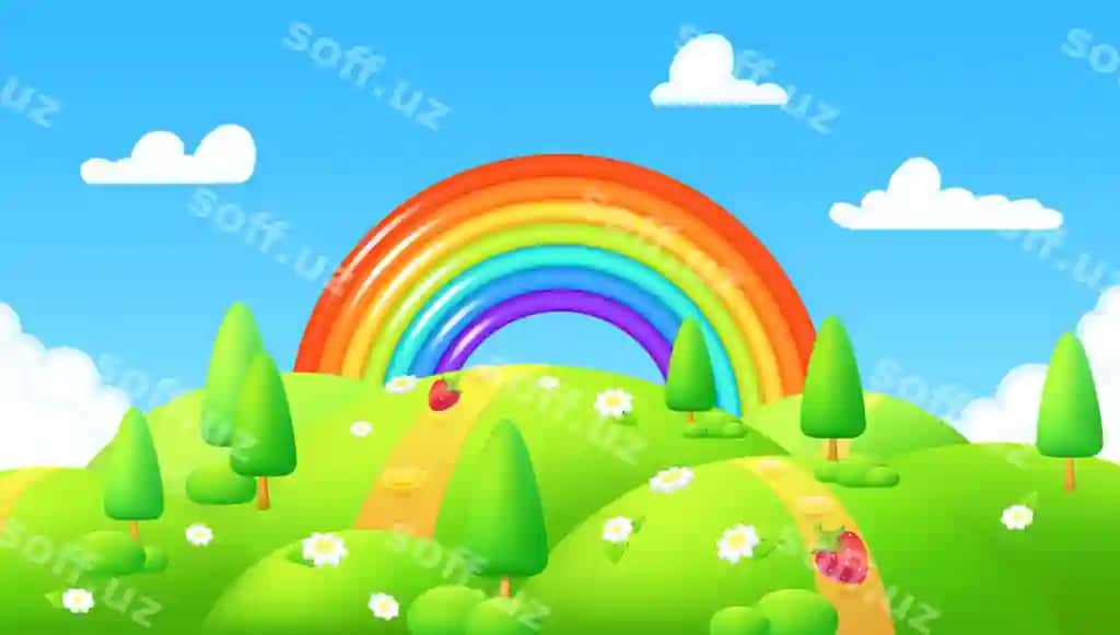 Bahor orqa fonda yashil maydon chamomil gullari bilan daraxtlar karyokat | Spring background green meadow with chamomile flowers trees cartoon
