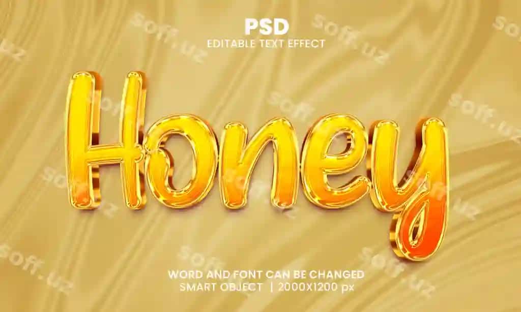 Honey 3D tahrir qilish mumkin bo‘lgan matn effekti premium PSD orqa fonda | Honey 3d editable text effect premium psd with background