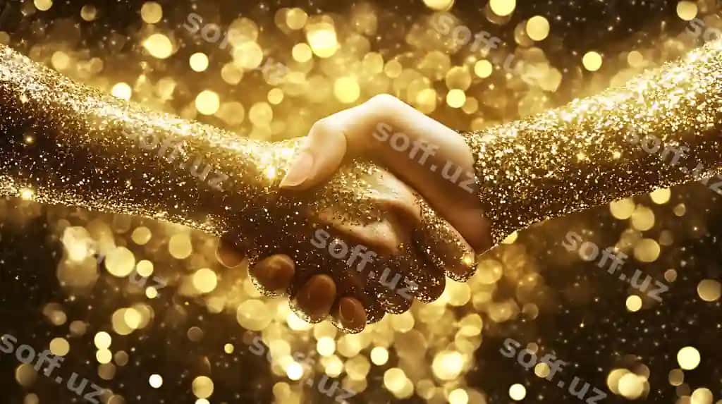 Oltin qo'l aylanishi parchalangan orqa fonda bilan | Golden handshake with sparkling background