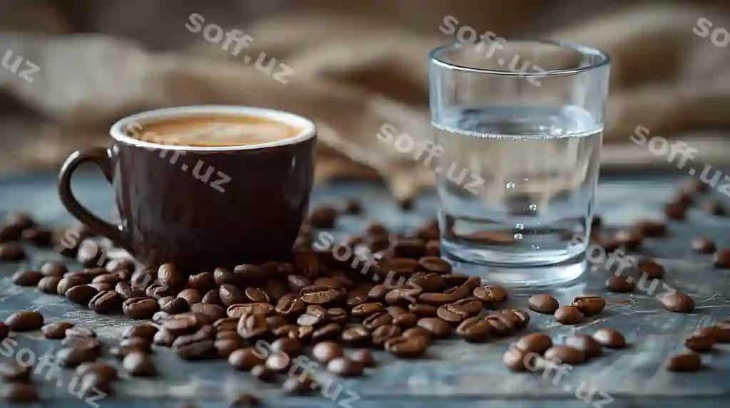 Yaqin surat shisha suvoqli espresso stakanchi qahvo urug‘lari atrofida | Closeup espresso cup glass water surrounded by coffee beans
