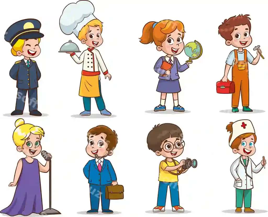Karyakatur baxtli bolalar turli kasblar vektor illustratsiyasi | Cartoon happy children different professions vector illustration