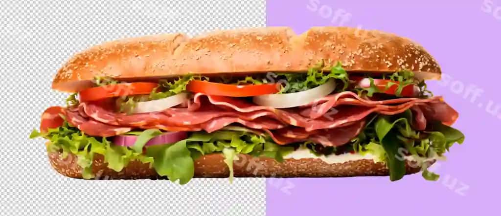 Psd sandvich salamı salat yaproqlari bilan shaffof orqa fonda | Psd sandwich with salami salad leaves transparent background