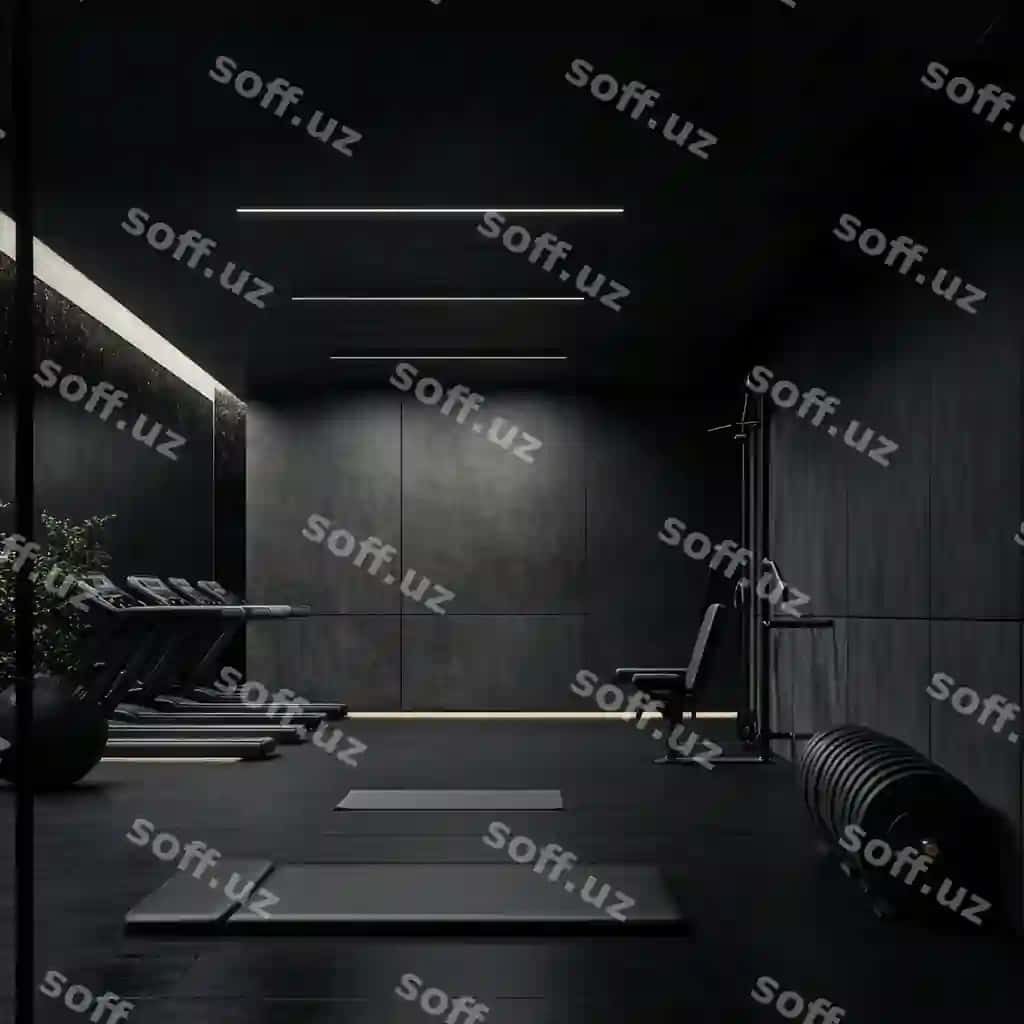 Xona qora devor restoriga ega, bir nechta katak o'simliklar bilan. | Room with black wall bench some boxes with plant it