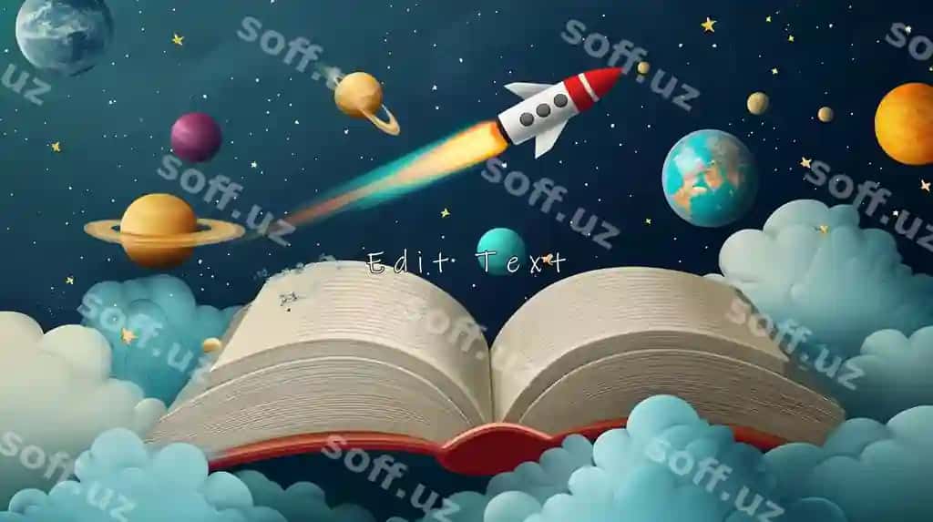 Ochiq kitobda raketа forshqaga chiqmoqda, sayyoralar yulduzlar | Open book with rocket launching into space planets stars
