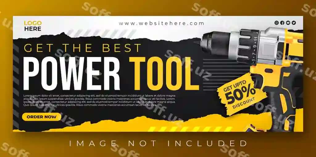 Asbob do'koni reklama baner dizayni boroshka mashina bilan | Toolshop promotional banner advertisement design with drill machine