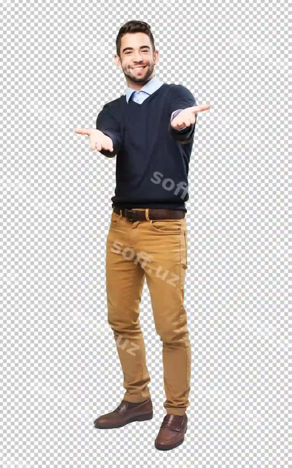 To'liq janb so'nggi erkak xush kelibsiz gesturasi amalga bajarayotgan. | Full body cool man doing welcome gesture