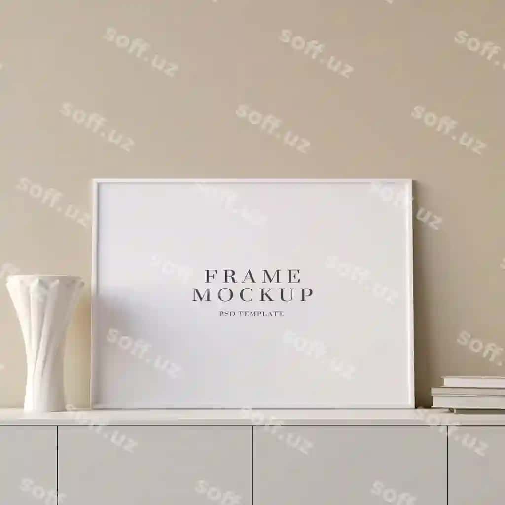 Zamonaviy minimalistik goforizontal oq poyezr fotosurat ramkasi mockup stol | Modern minimalist horizontal white poster photo frame mockup table