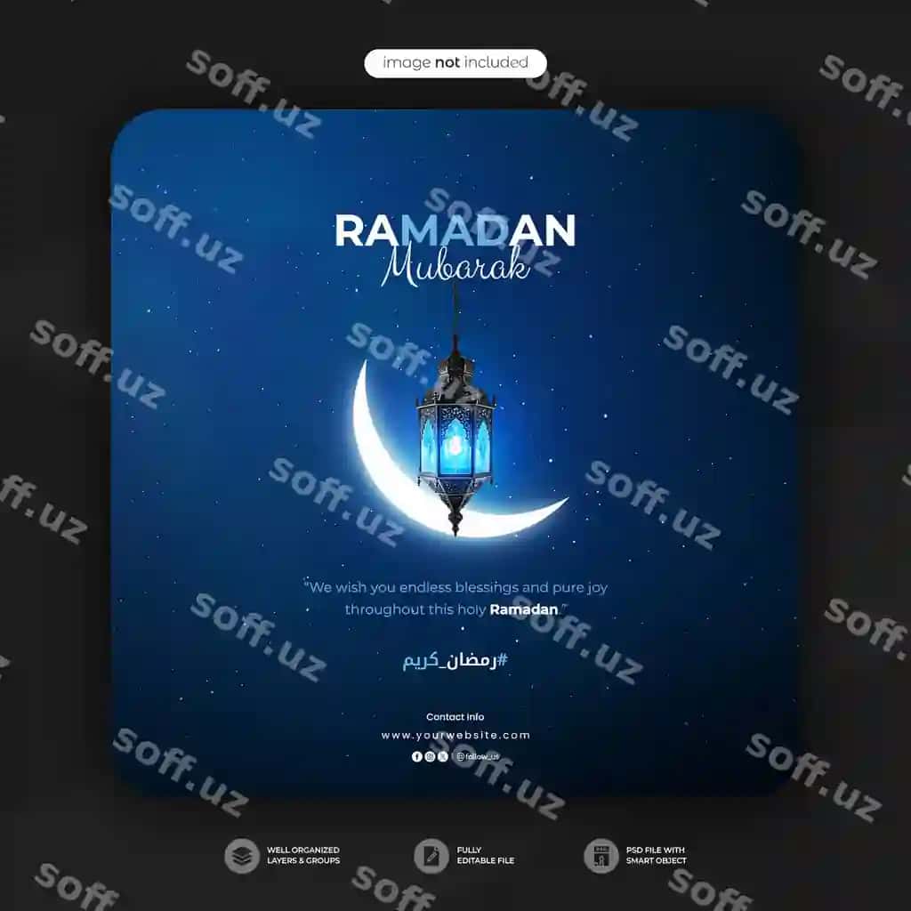 Bayramiy Ramazon Muborak ijtimoiy tarmoqlar uchun yorqinlovchi post shabloni | Festive ramadan mubarak social media post template with glowing