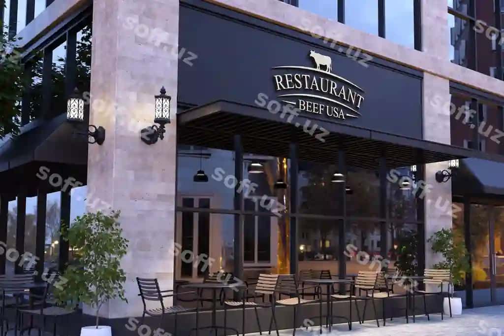 3D hromli logo namunasi zamonaviy restoran fassadi | 3d chrome logo mockup modern restaurant facade