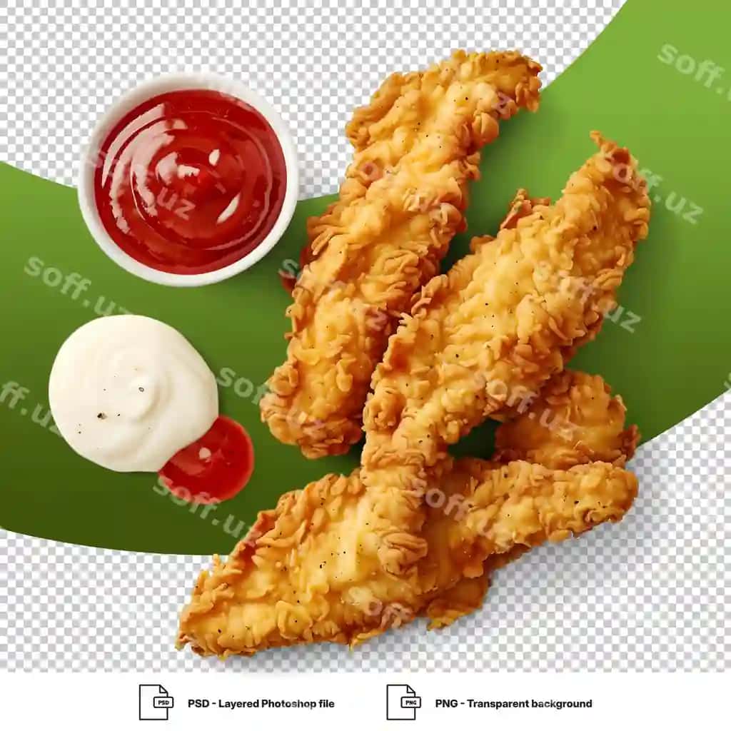 Shaffof fonda qatishqiq qovurilgan tovuq qirqatmalar va soslar | Crispy fried chicken strips with dipping sauces transparent background