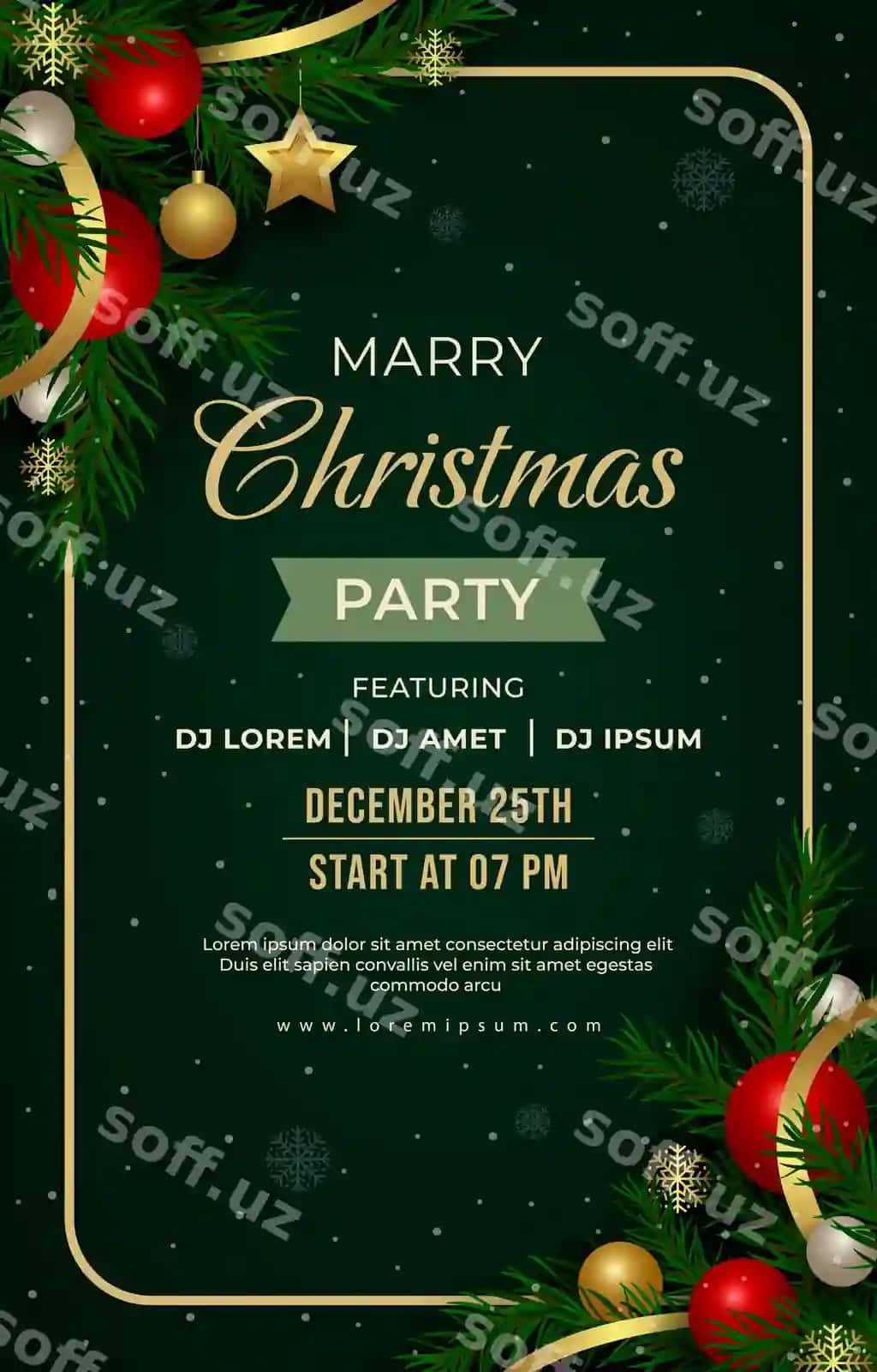 Yelchoch to'yxasi uchun yashil fonda, "Yelchoch" so'zi yozilgan poster | Poster christmas party with green background that says christmas
